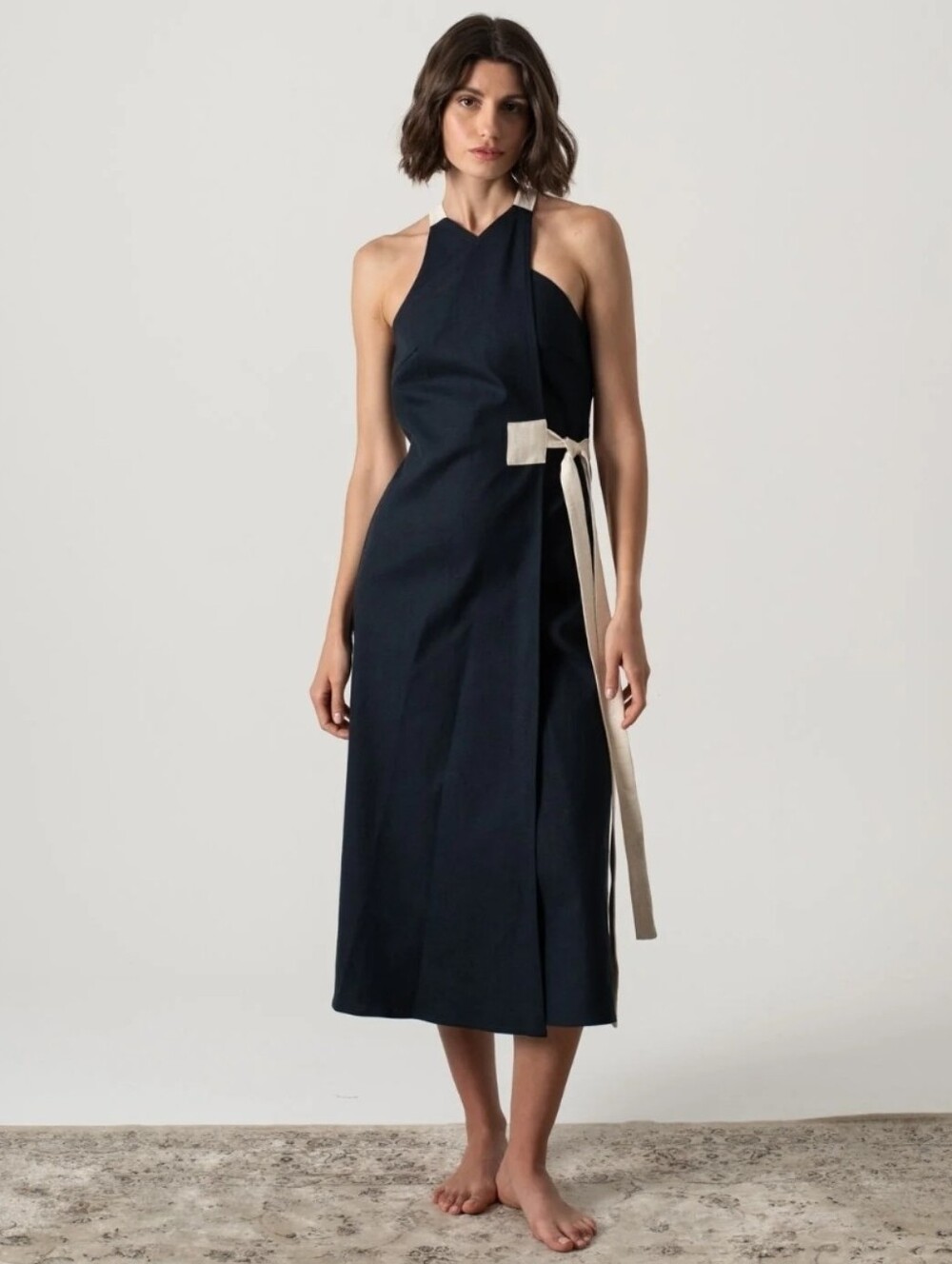 NWT LUXMII Zulu Wrap Dress Midi Halter Linen Lyocell Navy XL Made in Portugal